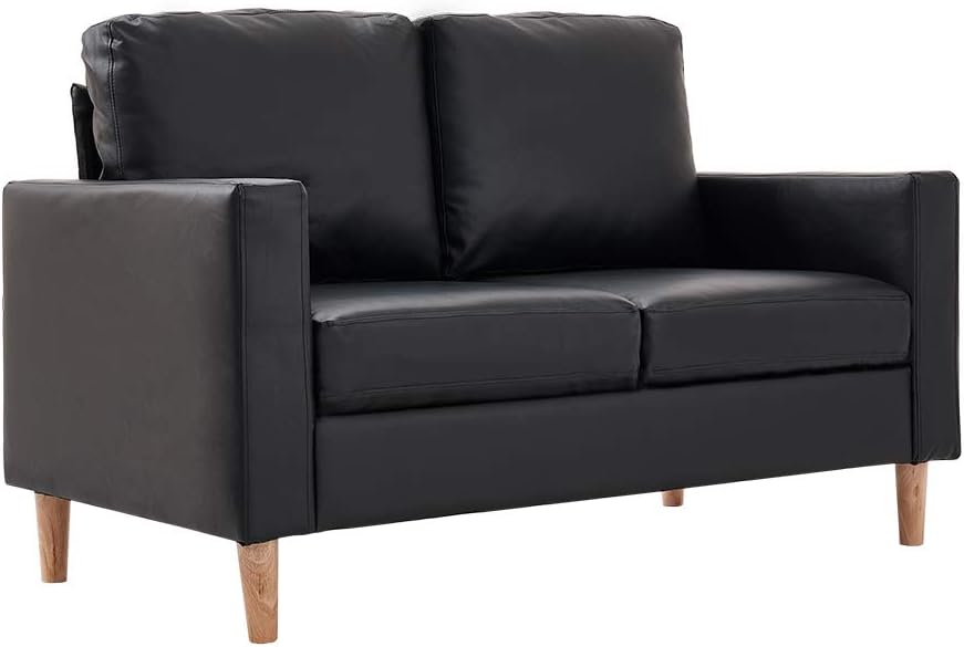 PANANASTORE 2 Seater Faux Leather Sofa, L142*W72*H80CM Wood Legs Recliner Settee Couch - Removable Cushions Covers (Black)