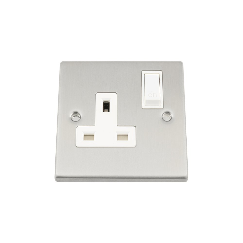 Socket 1 Gang - Satin Matt Chrome - Square - White Insert Plastic Switch - 13A Single Wall Plug Socket