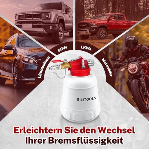 BILITOOLS 1L Universal Brake Bleeding Device Motorcycle & Car - Compressed Air Vacuum Brake Fluid Changer - Professional Brake Bleeding Set Including 4 Adapters