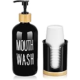 Pump Mouthwash Dispenser with Bathroom Cup Holder, Glass Mouthwash Container, Mouth Wash Bottle Decanter, Small PC 3 oz Cup Dipsenser, Black, Printed Font