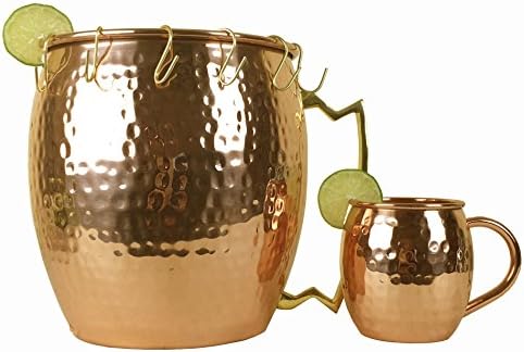 Solid Hammered Copper Punch Bowl Set, 1.3 gallons. Moscow Mule Mug Shaped Cocktail Mixing Bowl with 16 oz Copper Mug