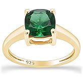 AFFY Solitaire Ring for Women 7MM Cushion Cut Simulated Green Emerald Anniversary Ring in 14K Gold Plated 925 Sterling Silver 2Ct Birthstone Jewelry Gift for Her