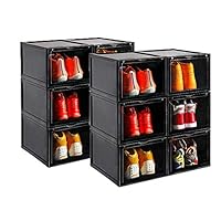 AOTENG STAR Storage Shoes Box Womens Mens Shoe Storage Display Box Plastic Foldable Stackable Shoe Container Clear Closet Shelf Shoe Organizer-Six Pack(Black)
