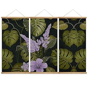 Hanging Poster NO Magnetic Wooden Framed,Green Leaves,Beautiful Flowers Home Wall Canvas Prints Decoration Ready to Hang - 18"x36"x3 Panels