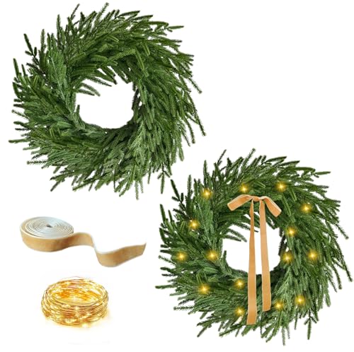 Photo 1 of 24 Inch Real Touch 2 Pcs Norfolk Pine Wreath Christmas Decorations for Front Door, Artificial Plants Green Christmas Wreath with Lights Home Decor, Xmas Decor for Mantel Wall Holiday Winter Decor