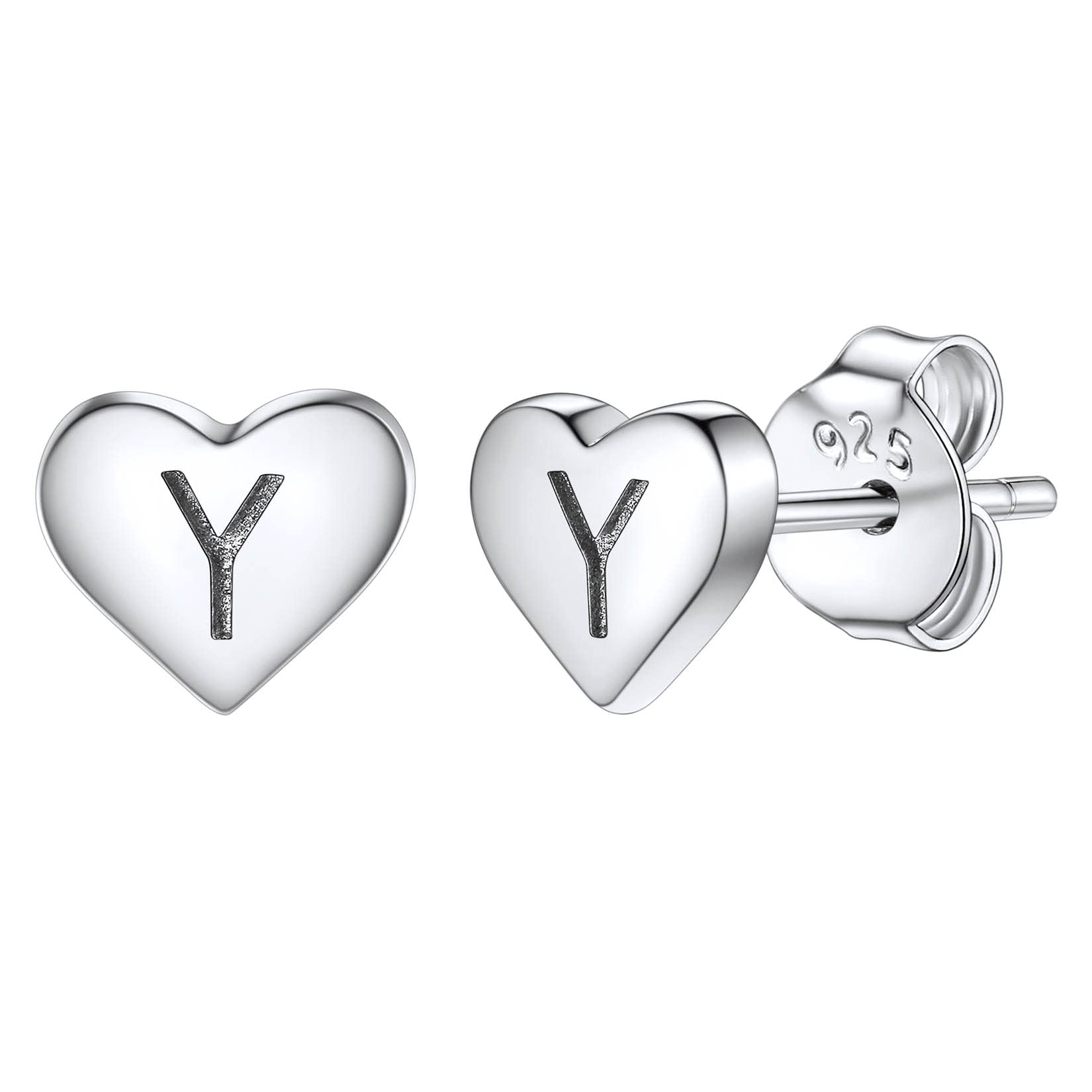 Studs Earrings for Women, S925 Sterling Silver Heart Initial Letter Y Small Tiny Earrings for Girls Ladies Mum Daughter Sisters Friends Lover Hypoallergenic Silver Jewellery with Gift Box