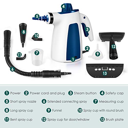 MOSCHE Handheld Pressurized Steam Cleaner with 9-Piece Accessory Set, - Multi-Purpose Multi-Surface All Natural, Chemical-Free Steam Cleaning Home, Auto, Patio, More(Deep Blue)