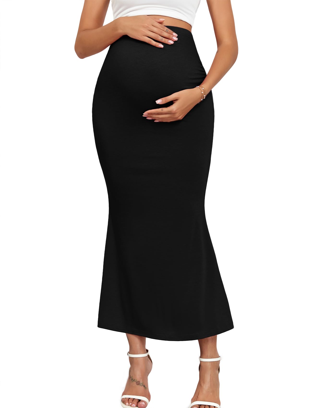 Photo 1 of AISWI Maternity Mermaid Maxi Skirt Adjustable Waist Over The Belly Elegant Stretchy Pregnancy Long Skirts Casual, Mermaid, Black, Small
