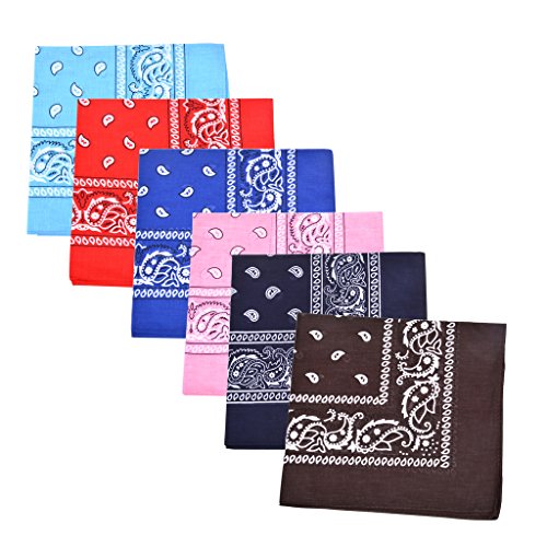 6 Piece Paisley Cotton Bandanas 6PC-Red/Royal Blue/Pink/Sky Blue/Navy Blue/Brown