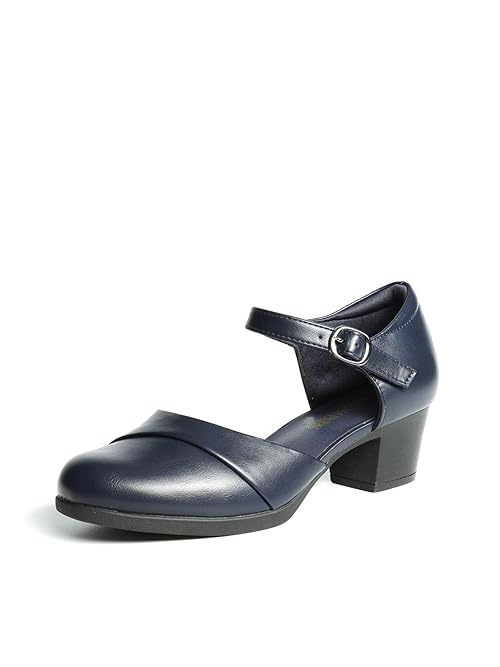 DREAM PAIRS Women's Dress Shoes Mary Janes Comfortable Low Block Heels Pumps Round Closed Toe Chunky Ankle Strap Shoes for Work Flight,Size 6.5,Navy,SDPU2412W