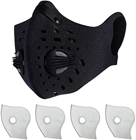 HTSM Dust Mask Anti Pollution PM2.5 Face Masks Washable and Reusable Dustproof Respirator Safety Mask with 2 Valves and 4 Activated Carbon N99 Filters Made for Men Women Outdoor Activities (Black)
