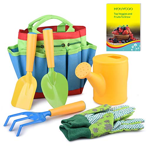 NOUVCO Kids Garden Tools, 7 PCS Little Gardener Tool Toys - Includes Gardening Sturdy Tote Bag, Watering Can, Shovel, Rake, Fork, Children Gardening Gloves and a Beautiful Booklet for Kids