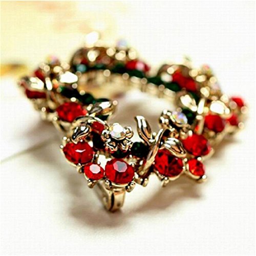 Haodeba 1 Piece Vintage Lovely Red Rhinestone Christmas Wreath Brooch Love Heart Brooch Pin Santa Claus Gift Party Favor