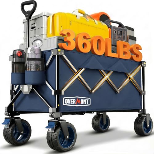 Overmont Faltbar Bollerwagen Klappbar Handwagen - mit Geländegängige Breite Räder - bis 150 kg Tragkraft - für Camping Sport Einkaufen Garten Blau