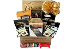 Beautiful, Classy & Festive Gourmet Gift Basket with Premium Brie Cheese, Handcrafted Salami, Artisan Crackers, Nuts, Fudge, 