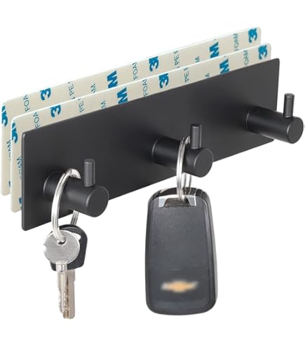 AXBUS Porte-clés Mural Adhésif 4 Crochets En Inox 304 | Organiseur D'entrée Sans Perçage | Patère Pour Cuisine, Salle De Bain, Chambre | Noir 26 Cm, Pose Facile
