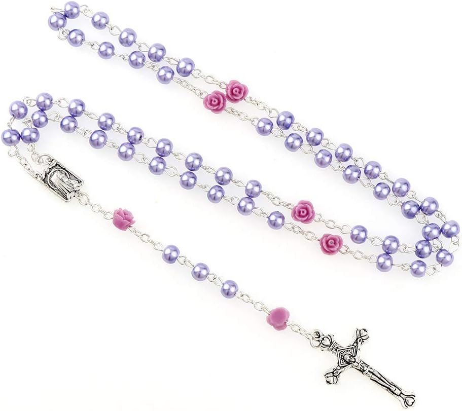 YWLIRosary Beads Catholic, Confirmation Gifts for Teenage Girl, Rosary Necklace, Artificial Pearls and Polymer Clay Rose Necklace Jewelry, Silver Alloy Cross Necklace for Women