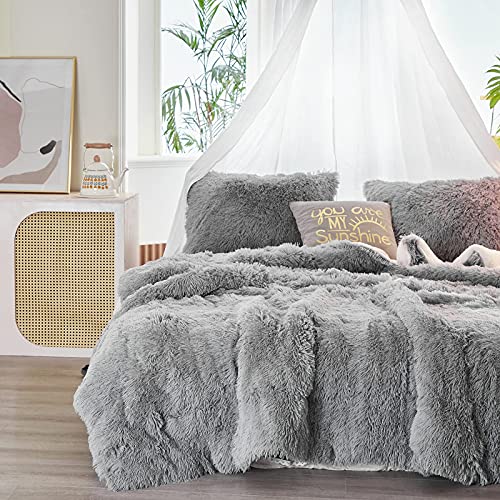 UOZZI BEDDING Gray Faux Fur Comforter Set King 3 Pieces 1 Shaggy