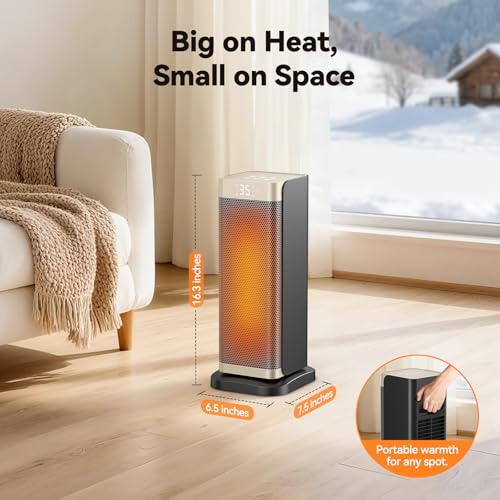 Space Heater for Indoor Use, 1500W PTC Ceramic Fast Heating with Thermostat, 70° Oscillating, 12h Timer, Overheating & Tip-Over Protection, Portable Electric Heater for Bedroom OfficeHome, 16'' Tall