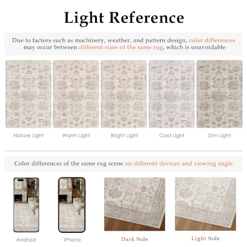 PureCozy 8x10 Beige Rug for Living Room Washable Vintage Bedroom Soft Rug | Indoor Rug,for Dining Room/Nursery/Office,Large,Non-Slip,Pets Friendly,Foldable,Tapis salon,0.24inchs Thick,100% polyester