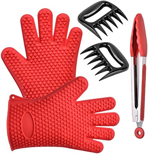 Kitchen &amp; BBQ Grill Tool Set - Wosweet Silicone Heat Resistant Cooking Gloves With Tongs &amp; Bear Claw - Use as BBQ Meat Turner or Oven Mitts