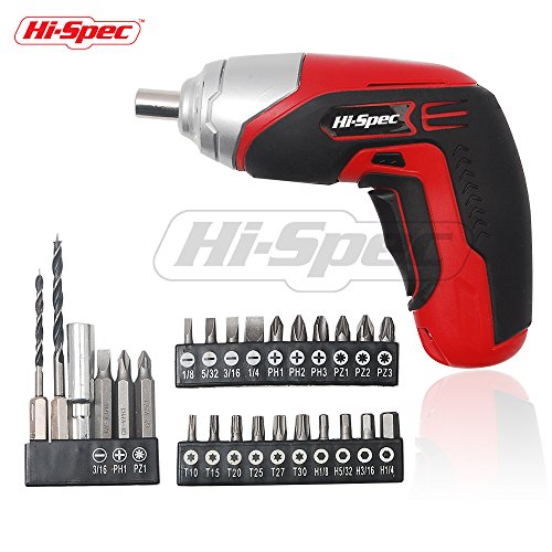 Hi-Spec 3.6V Cordless 1300 mAh Lithium-Ion Battery Screwdriver & 26 Piece Screwdriver Bit and Wood Drill Bit Set