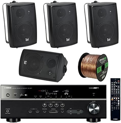 Yamaha RX-V577 - 7.2-Channel Home Theater Bluetooth USB Wifi &amp; Apple AirPlay Receiver Bundle Combo With 4x Dual LU43PB Indoor/Outdoor 100W 3-Way 4" Black Box Speakers + Enrock 50 Feet 16g Speaker Wire
