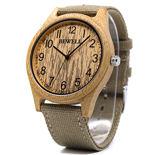 Bewell W124B Men s Wood Watches Wooden Quartz Canvas Band Wristwatch (Bamboo)