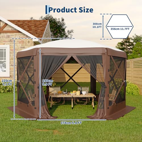 11.5x11.5 ft Pop Up Gazebo Screen Tent with 6 Wind Panels - Instant Setup Outdoor Canopy for Backyard and Garden,Khaki