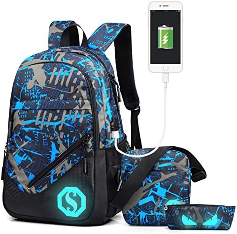 Teens Backpack 3 in 1 Schoolbag Lightweight School BookBag Pencil Bag &amp; Shoulder Bag with Florescent Mark for Boys Girls