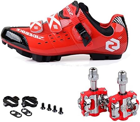 Men Women Mountain Bike Cycling Shoes and Pedals (Black Red + Red,US10/EU43/Ft27.5cm)