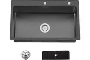 KOARDINK Black 30x18 In Drop In Kitchen Sink-Stainless Steel Topmount Modern Single Bowl Kitchen Sink Come With Silicon Mat,Drain Strainer Set Offer Large Basin And Compatibility With Various Kitchen&Bar Style