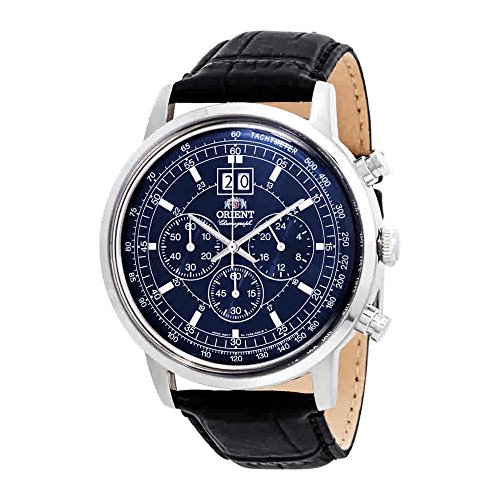 Orient Men's 45mm Black Leather Band Steel Case Quartz Blue Dial Analog Watch FTV02003D0