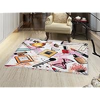 smallbeefly Girls Door Mats Area Rug Cosmetic and Makeup Theme Pattern with Perfume Lipstick Nail Polish Brush Modern Lady Floor mat Bath Mat for tub Multicolor