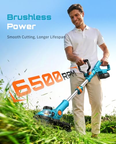 Seesii 21V Brushless 13" Electric Weed Wacker Cordless String Trimmer and Wheeled Edger with 2 x 4.0Ah Battery, Telescopic Pole (42"-56"), Auto-Feed, Ultra-Lightweight for Yard/Lawn