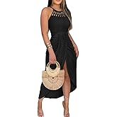 CHICME Womens Summer Halter Ruched Bodycon Long Dresses Hollow Out A Line Eyelet Embroidery & Side Slit Vacation Tank Dress