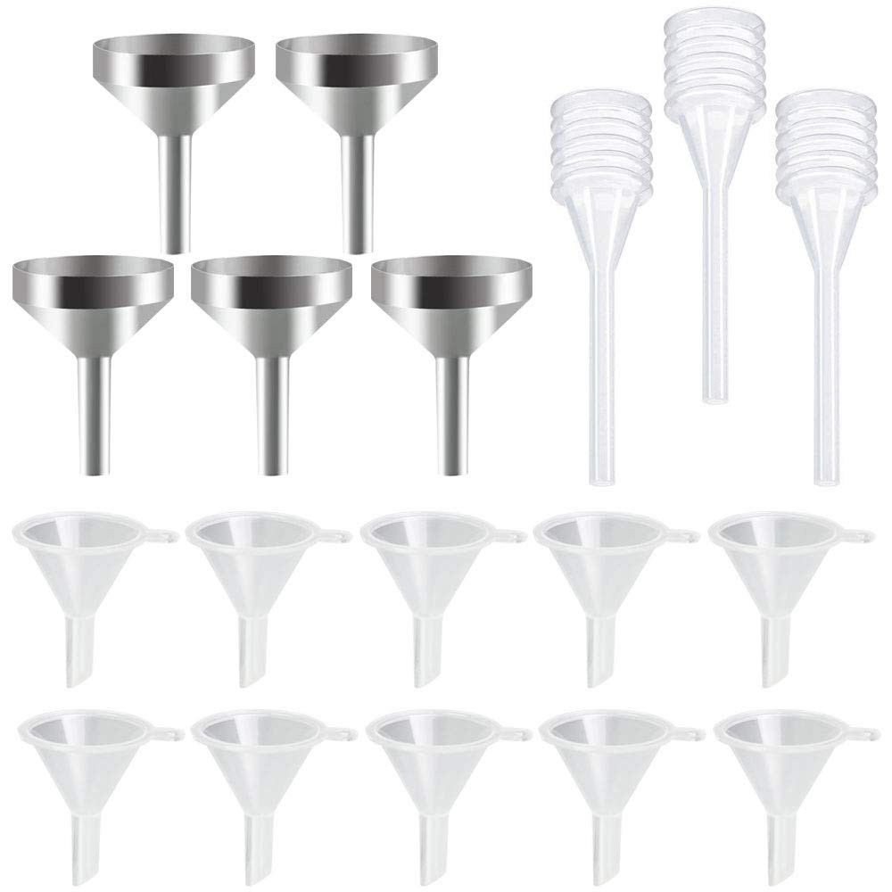EMAGEREN 5 Pcs Small Metal Funnels 10 Pcs Plastic Mini Funnels Essential Oil Funnel Mini-Small Funnel Set with 3 Pcs Mini Pipette for Filling Small Tiny Bottles or Containers Atomizers Perfume Liquid