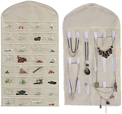 Hanging Jewelry Storage Bags 32 Pockets Foldable Travel Jewelry Box, 18 Hook and Loops Double-Sided Jewelry Bags Double Sides, Vintage Make Up Jewelry Display Stands Organizer Space Saving (Beige)
