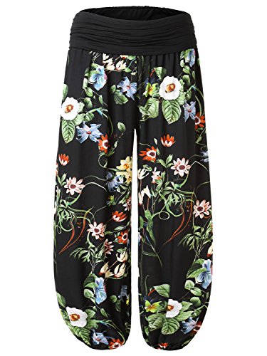 BAISHENGGT Women's Floral Print Elastic Waist Harem Pants One Size Black-Floral #3