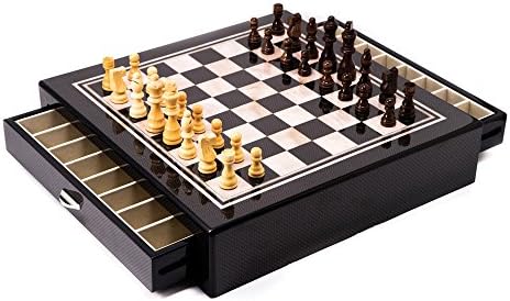 Carbon Fiber &amp; Mother of Pearl Design Chess Set w/Accessory Drawers