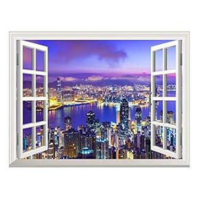 Removable Wall Sticker/Wall Mural - Beautiful City Skyline at Evening | Creative Window View Wall Decor - 24"x32"