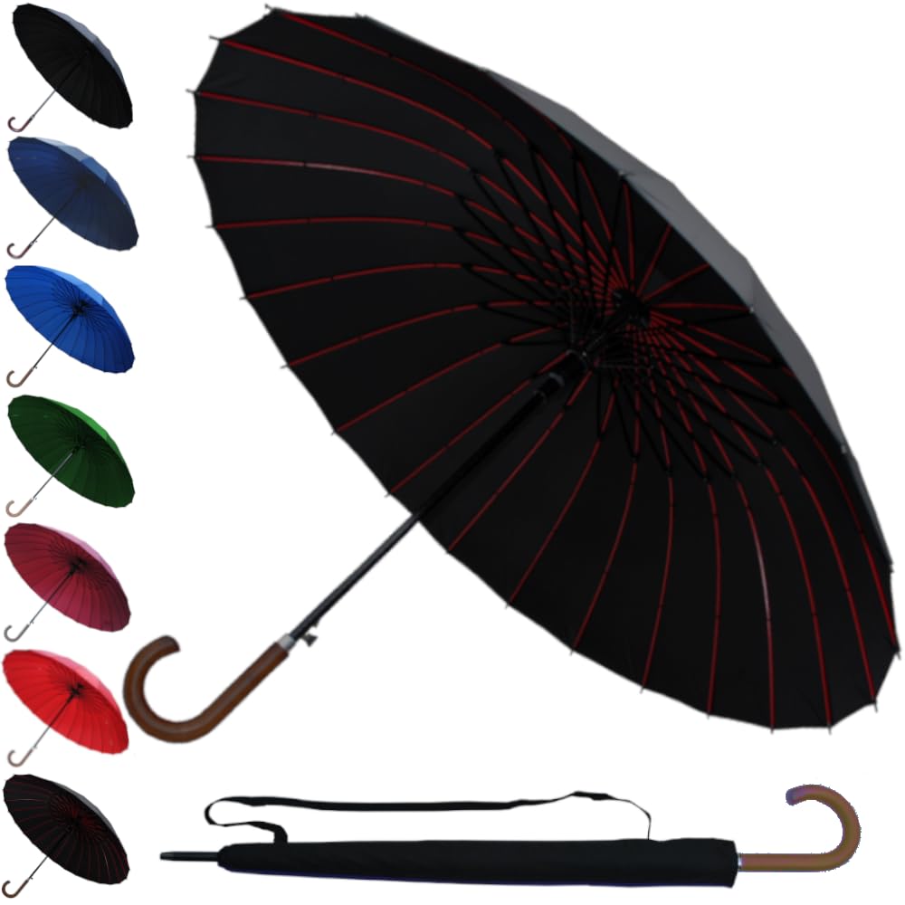 60MPH StormDefender 24 Rib Windproof Strong Umbrella - Large Umbrella for Golf, Sport and Everyday Use - Big Reinforced Frame - Automatic - Wood Hook Handle - Rainproof Men Women - Black with Red Ribs