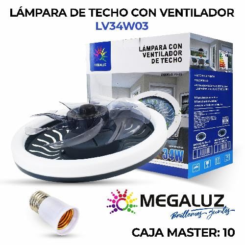 Megaluz LV34W03 ventilador de techo con lampara led 34w, enchufe E27, 10 pulgadas, luz blanca fría, aspas externas, motor silencioso (Control por apagador).