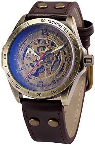 Hofun Vintage Bronze Case Automatic Mechanical Hollow Brown Leather Strap Men's Sports Waterproof Watch