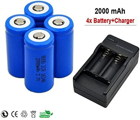 Miss Rabbit 4 x 2000mah 3.7v Cr123a 16340 Protected High capacity Protected Li-ion Rechargeable Battery for High Drain Device + 2-Slots charger
