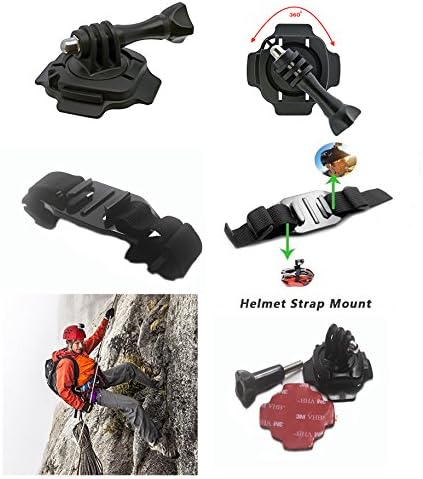 360 Degree Rotating Helmet Mount Kit for GoPro Hero 5/4/3/2 Session Action Camera. Includes a 3M Adhesive Sticker, Thumb Screw Knob and an Extra Adjustable Helmet Strap for Vented Helmets