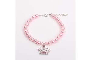 XKSRWE Dog Cat Pearls Necklace Collar with Rhinestones Crown Charm Pendant Pet Puppy Jewelry (M, Pink)