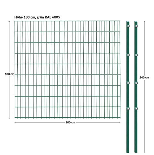 Doppelstabmattenzaun - Komplettset inkl. Pfosten und Montagematerial - Verschiedene Längen und Höhen – Grün oder Anthrazit (L 10 m | H 183 cm | Grün) – Bild 3