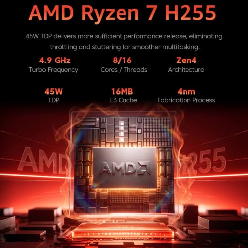 Gaming Laptop with AMD Ryzen 7 H255 (up to 4.9GHz),24GB DDR5 512GB NVMe SSD | 16 inch Laptop with AMD Radeon 780M,Backlit KB,Windows 11,1920x1200 FHD,WiFi 6,Full Function Type-C,Beat R9 6900HX