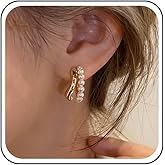 Sttiafay Boho Pearl Hoop Earrings Pearl C Shape Earrings Gold Circle Pearls Studs Earring Jewelry for Women